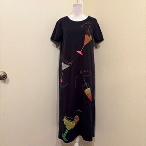 Black Novelty Cocktail Margarita Martini Embroidered Short Sleeve Maxi Dress S